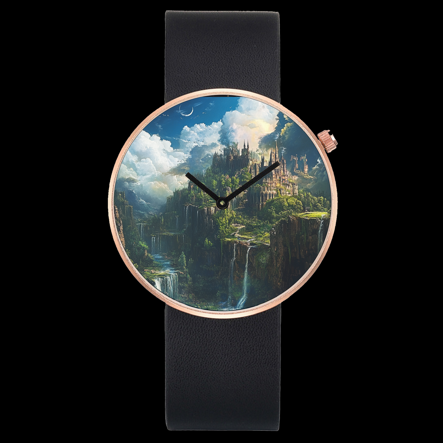 a watch with a painting of a castle on it