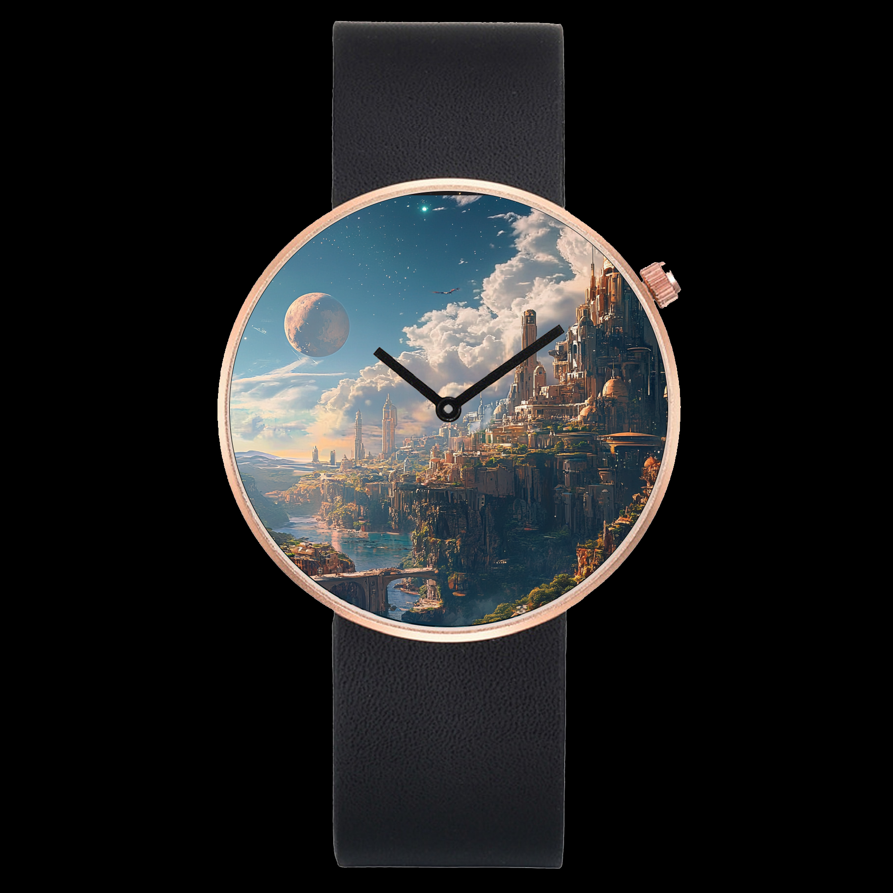 a watch with a picture of a city on it