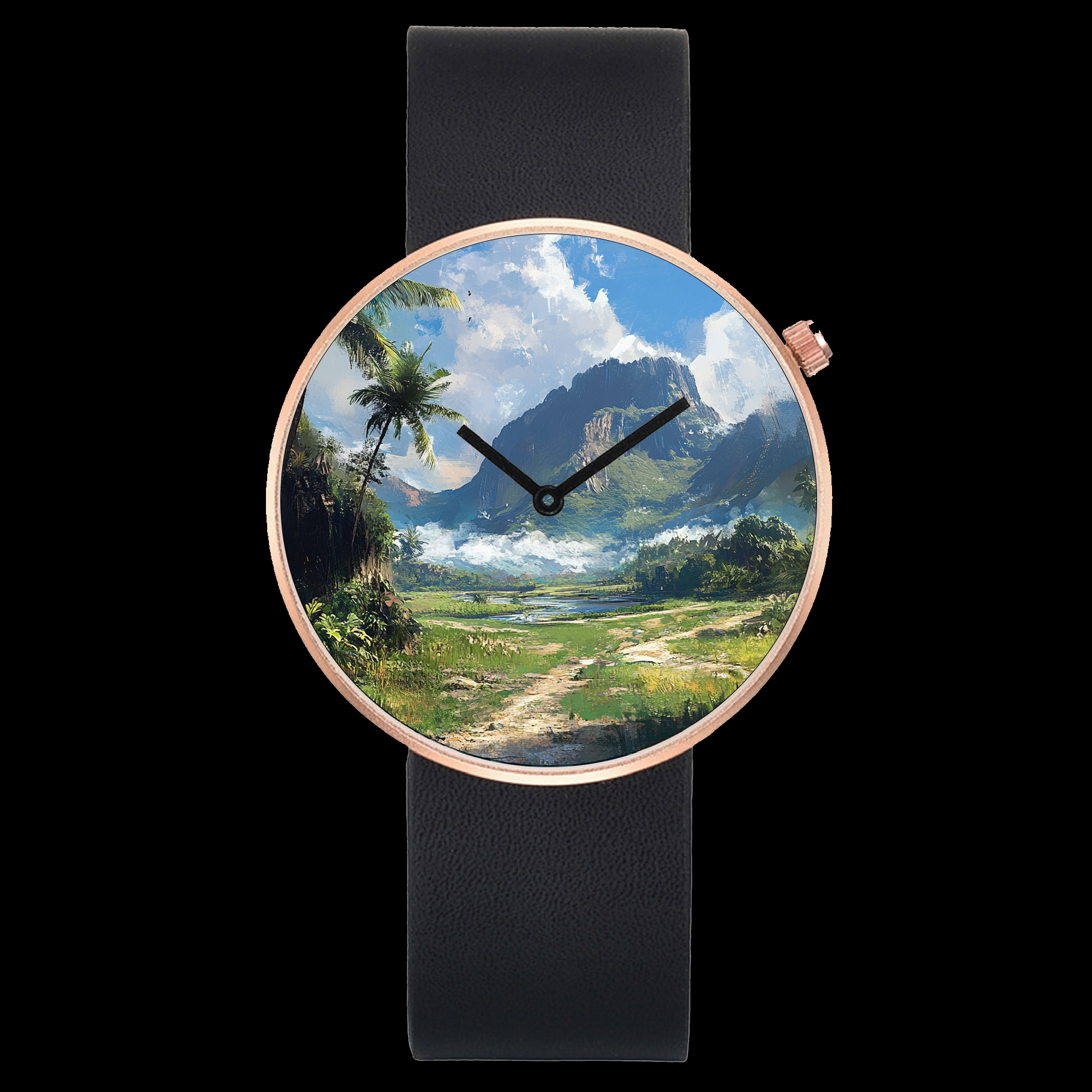 a watch with a painting of a tropical landscape